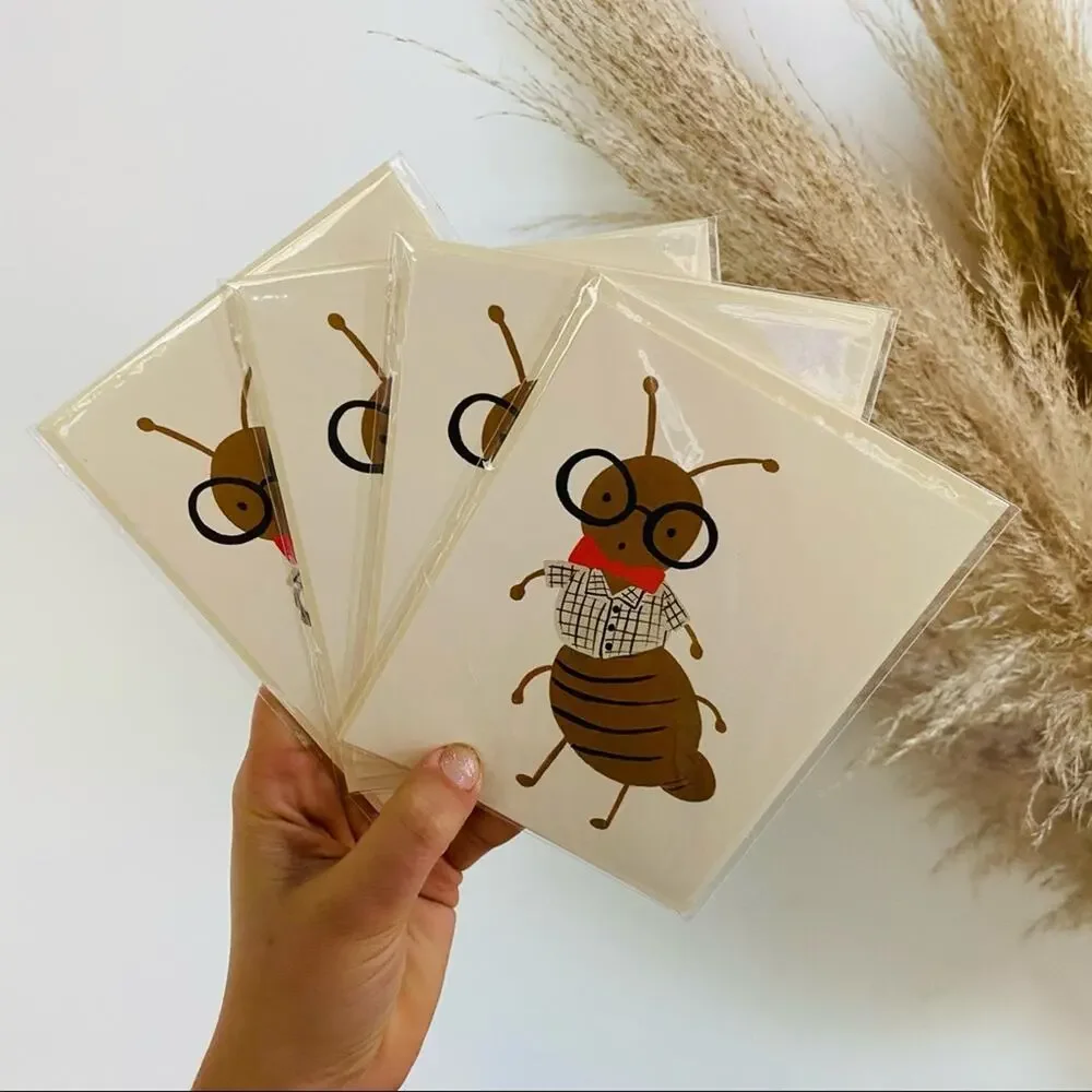NEW ANTHROPOLOGIE Cricket Cartoon Illustrated Tan Cream Blank Greeting Card s/4